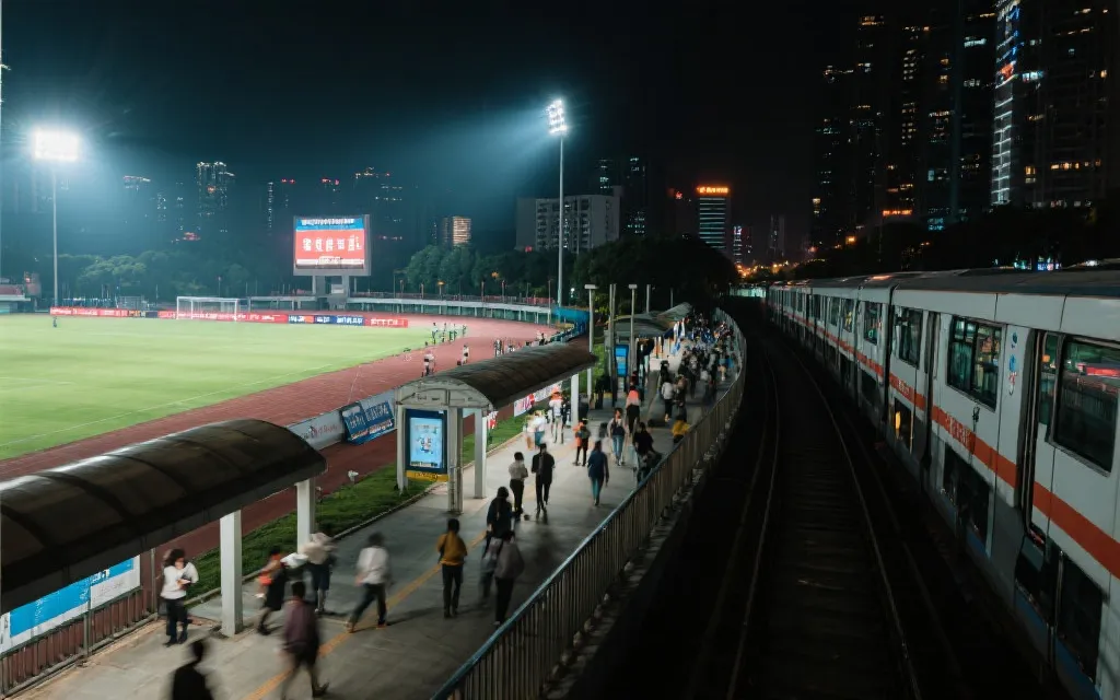 夜间球场灯光与城市轨道交通同框，体现赛事与城市协同运营