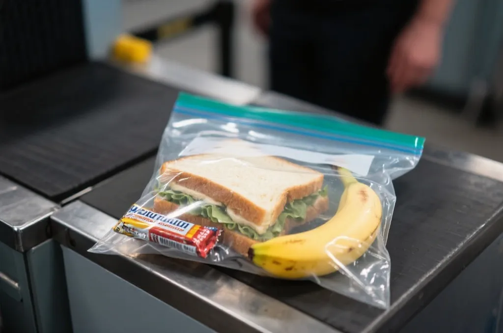 透明食品袋里装着简易三明治和能量棒，放在安检桌上